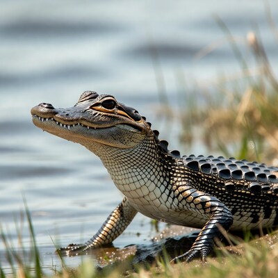 Alligator by water edge