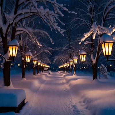 Snowy Pathway Lined with Lanterns
