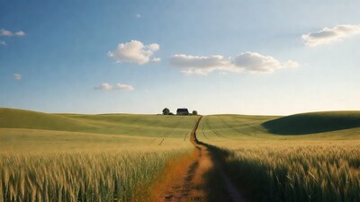Dirt path through wheat fields to house