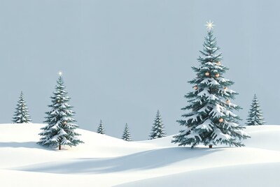 Snowy Christmas Trees with Lights and Star