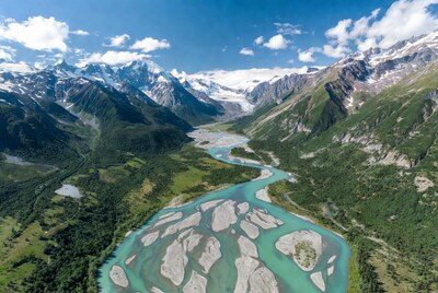 Aerial view of turquoise river in mountains