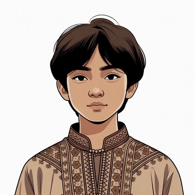 Asian boy in embroidered shirt illustration
