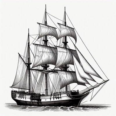 Sailing Ship with Crew at Sea