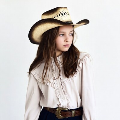 Girl in cowboy hat and ruffled blouse
