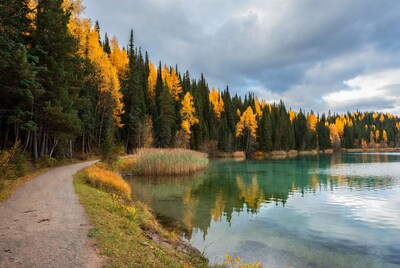 Autumn Forest Path by Turquoise Lake