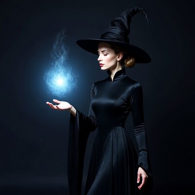 Woman in witch hat holding blue magic orb