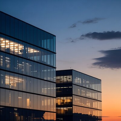 Glass Office Buildings at Sunset