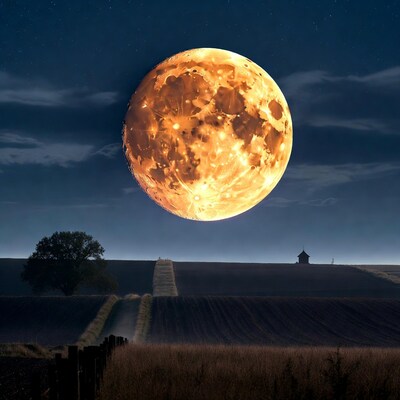 Full Golden Moon Over Rural Fields