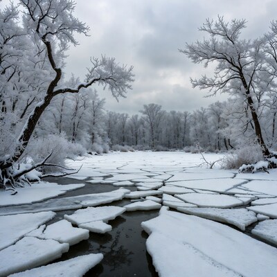 Frozen lake surrounded by snowy trees