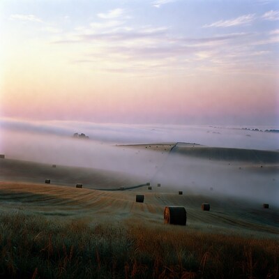 Hay bales in misty rolling fields