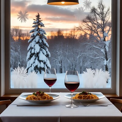Pasta and red wine by snowy window