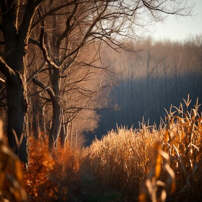 Autumn Cornfield Path with Bare Trees