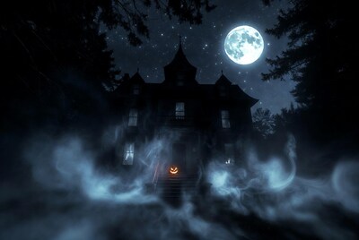 Haunted Mansion with Jack-o'-lantern Under Full Moon