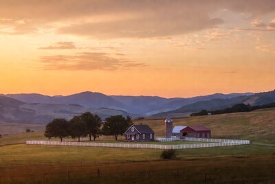 Farmhouse Barn Silo Sunset Mountains