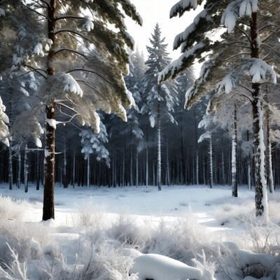 Snowy Pine Forest in Winter