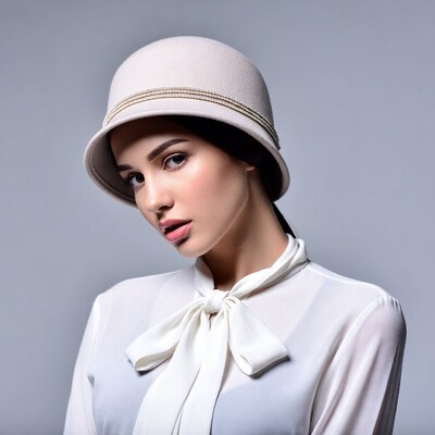 Woman in beige cloche hat
