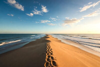 Footprints Leading Along Sandy Beach