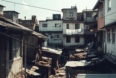 Urban Slum Alley with Dilapidated Buildings