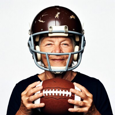 Elderly woman holding football in helmet