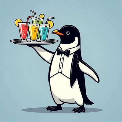 Penguin waiter serving colorful drinks
