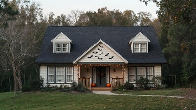 Halloween-Decorated House with Bats and Pumpkins