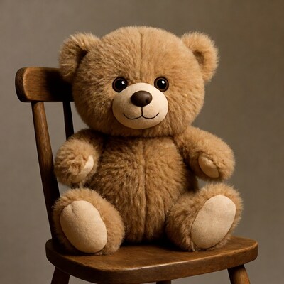 Teddy bear sitting on wooden chair
