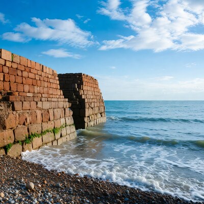 Brick Sea Wall and Waves on Pebble Beach