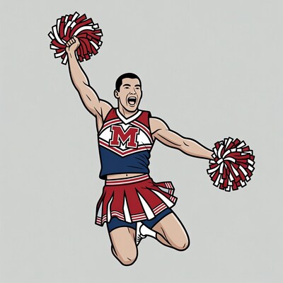Male cheerleader jumping with pom poms