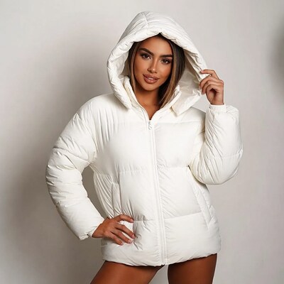 Woman in white puffer jacket