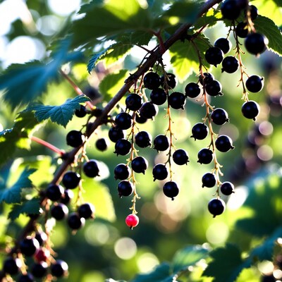 Black Currants with Red Berry on Branch
