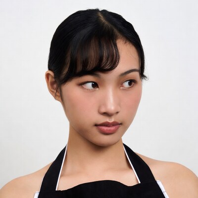 Asian woman in black apron