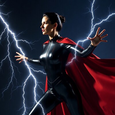 Woman in black latex superhero suit with red cape