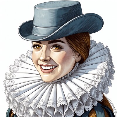 Smiling woman in ruff collar and hat