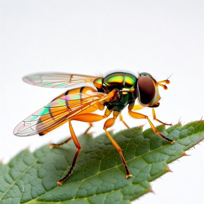 Colorful Hoverfly on Green Leaf