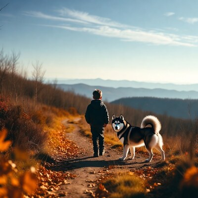 Boy walking with husky on autumn trail