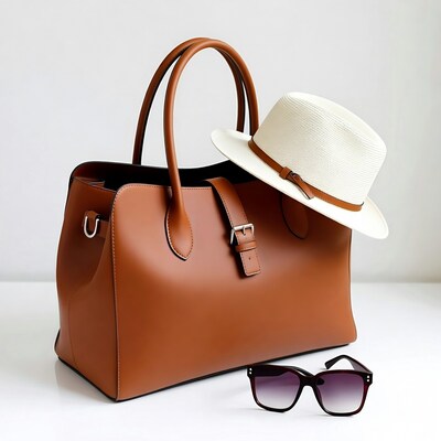 Brown leather handbag with hat and sunglasses