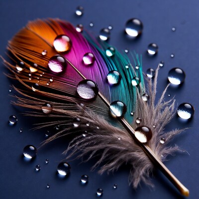 Colorful Feather with Water Droplets