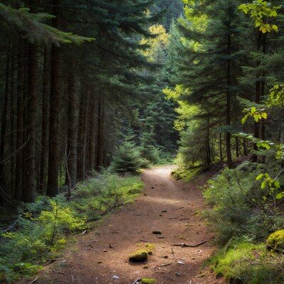 Forest Path Sunlit Through Pine Trees