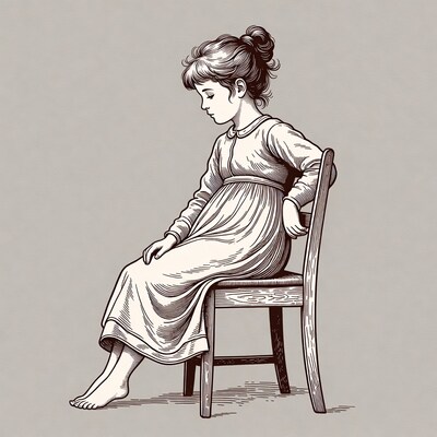 Girl sitting on wooden chair illustration