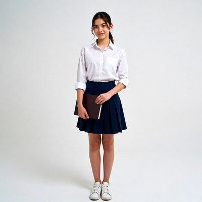 Asian girl in school uniform holding book