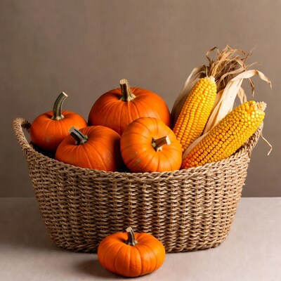 Pumpkins and Corn in Wicker Basket