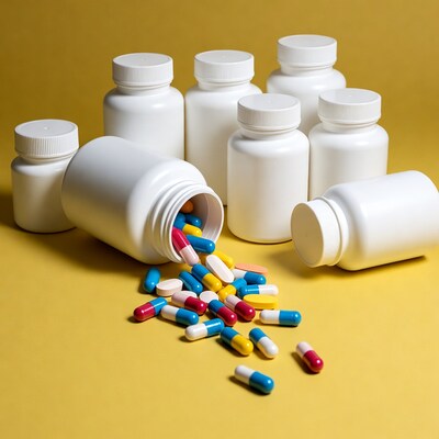 Spilled colorful pills from white bottles