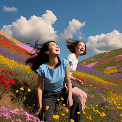Two women laughing in colorful flower field