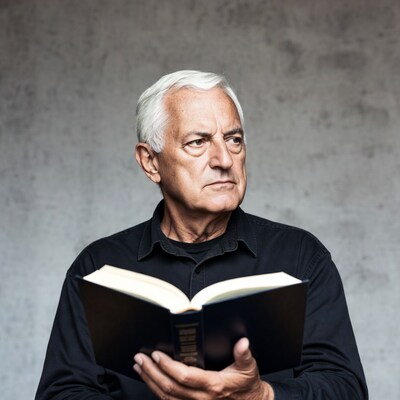Elderly man reading open book