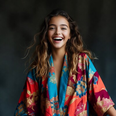 Girl smiling in colorful kimono robe