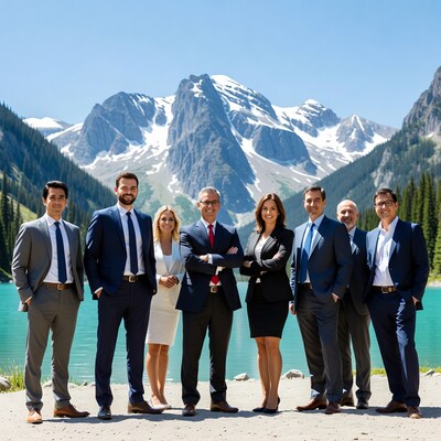 Business team by snowy mountains lake