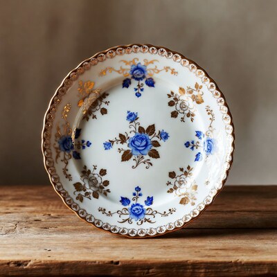 Blue Rose Porcelain Plate on Wood
