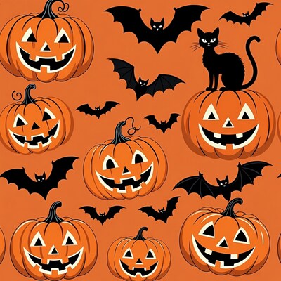 Halloween Jack-o-Lanterns Bats Black Cat