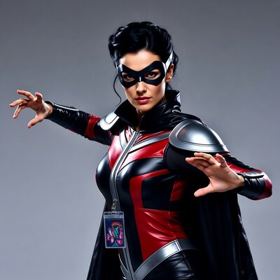 Woman in red black superhero costume