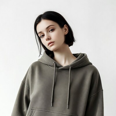 Woman in gray hoodie portrait